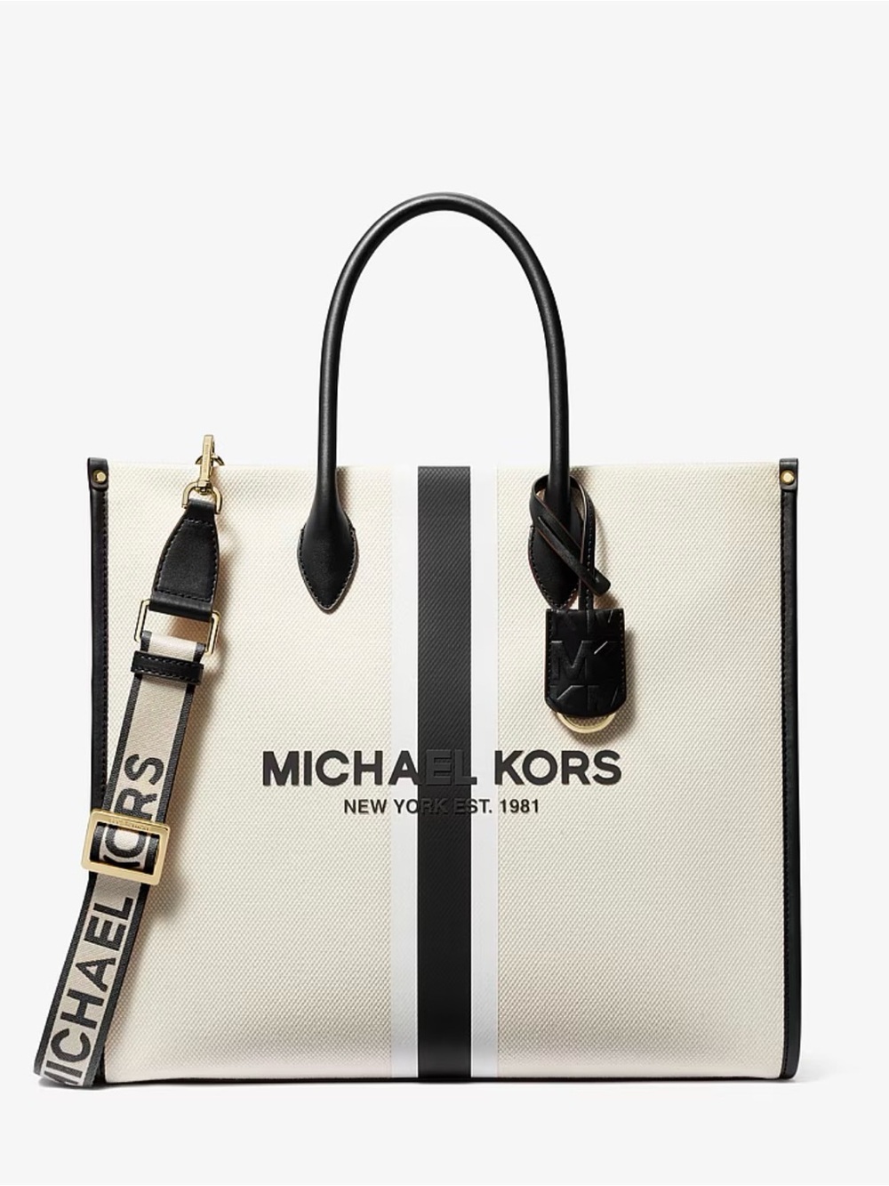 Michael Kors Mirella Canvas Tote in Cream with Black Stripe